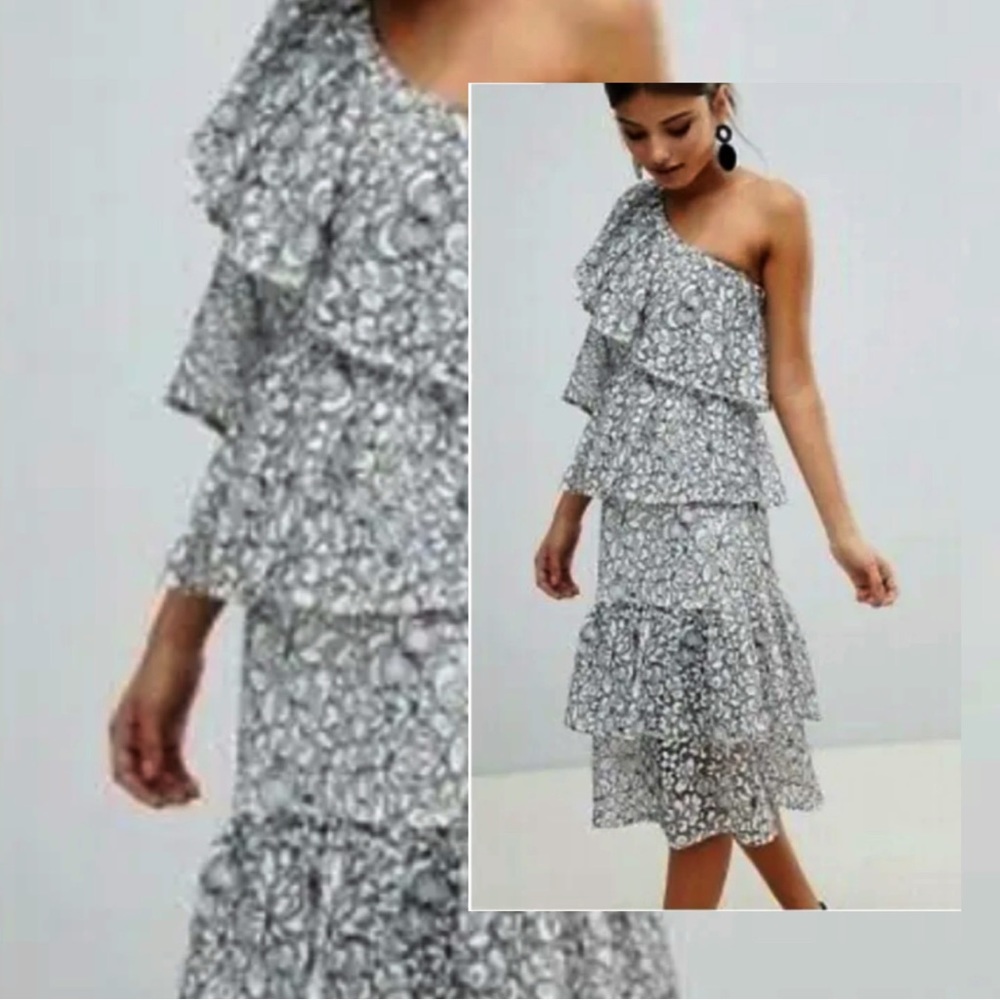 MISSGUIDED Black White Lace Off One Shoulder Ruffles Midi Dress NWOT Size 12